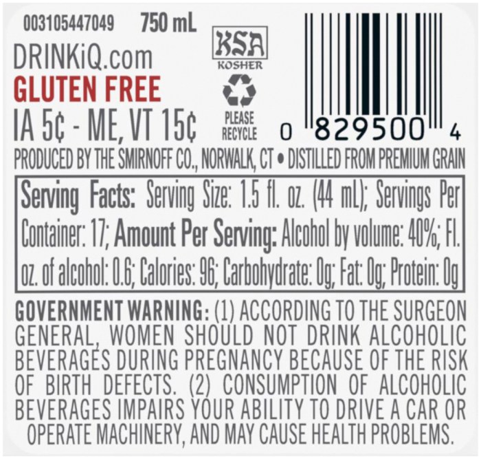 Nutrition facts smirnoff vodka