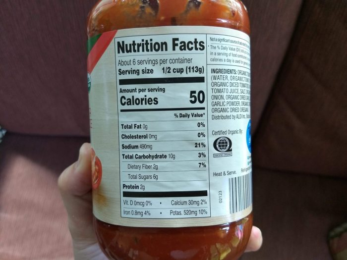 Nutrition facts marinara sauce